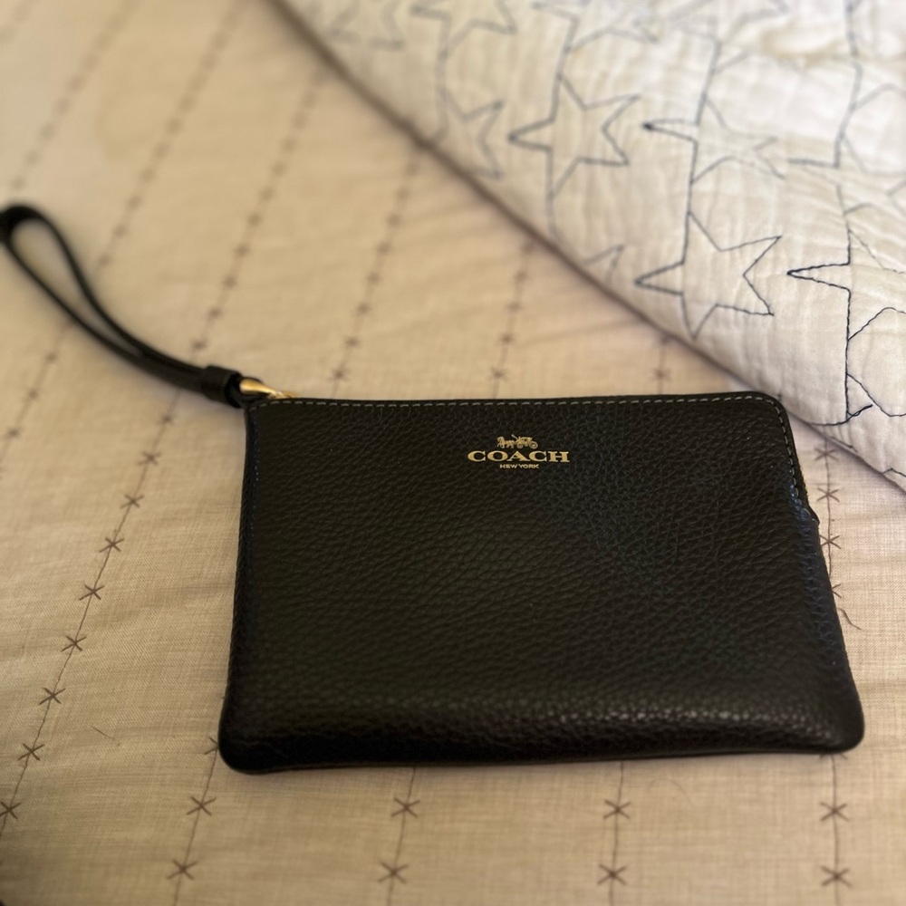 Coach Black Leather Wristlet with Gold Accents